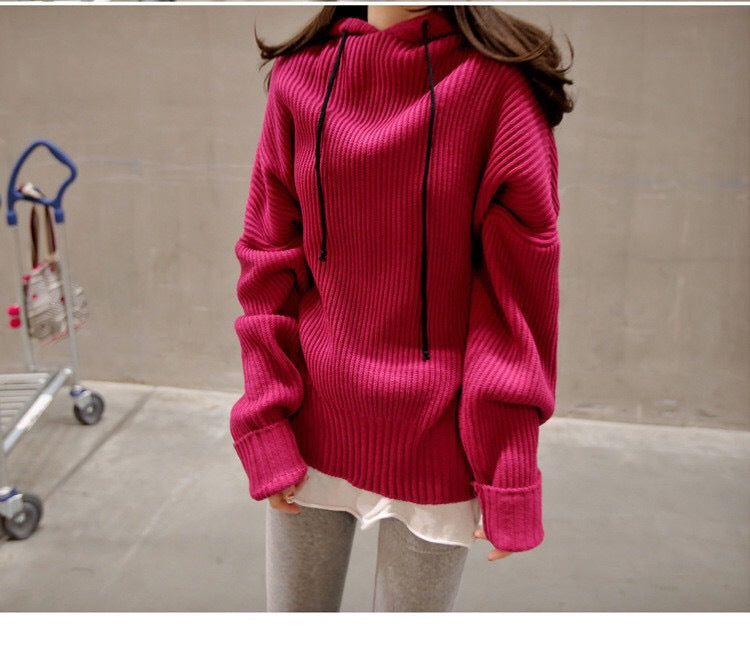 Damen Strickpullover Oversized Kapuze Eveloria