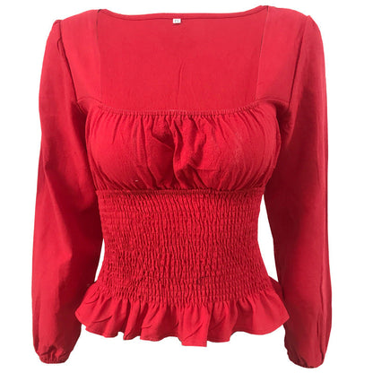 Damen Bluse Elastisch Rüschensaum Länge Lang Ärmel Eveloria