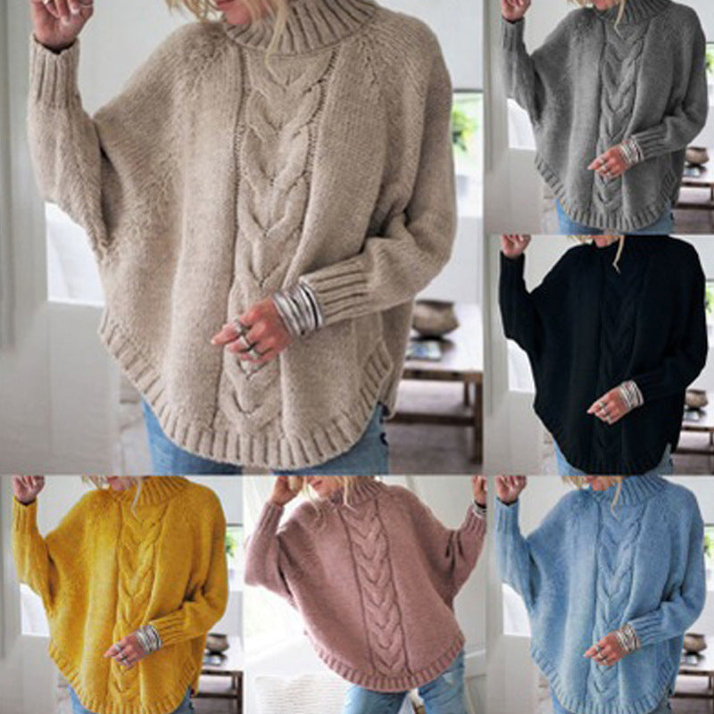Damen Strickpullover Hochkragen Zopfmuster - Eveloria