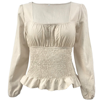 Damen Bluse Elastisch Rüschensaum Länge Lang Ärmel Eveloria