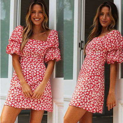 Damen Minikleid Puffärmel Floralmuster Eveloria