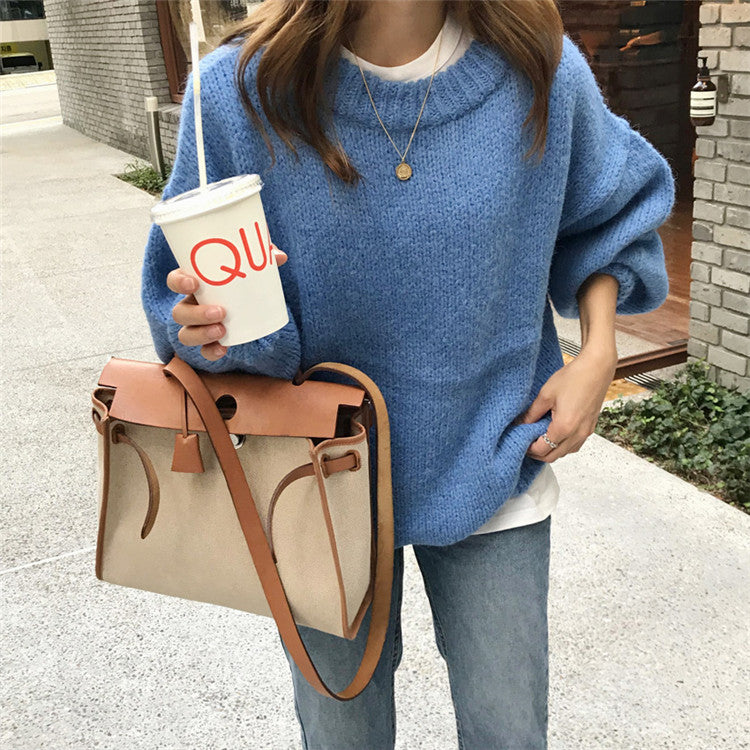 Damen Pullover Weit Kuschelig Lässig Beige
