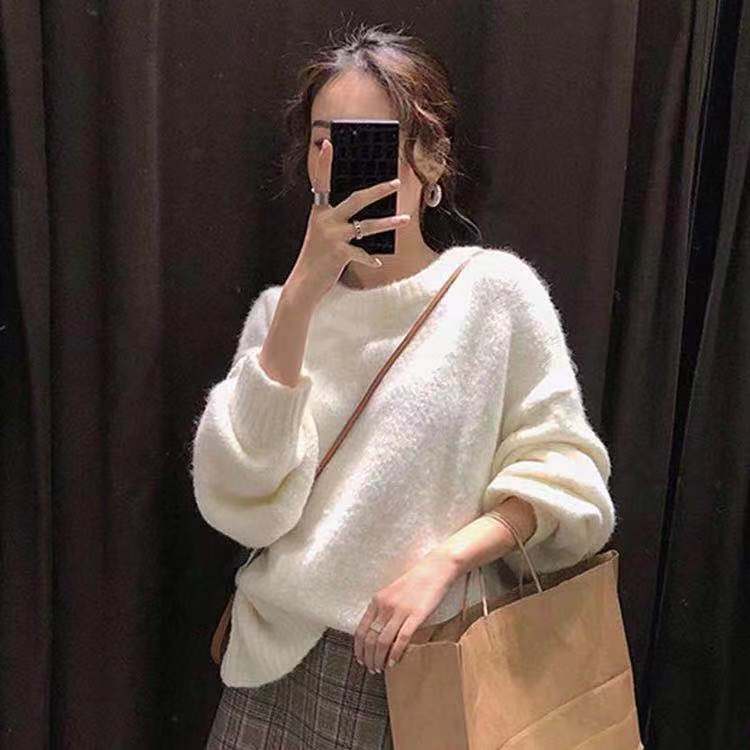 Damen Pullover Weit Kuschelig Lässig Beige