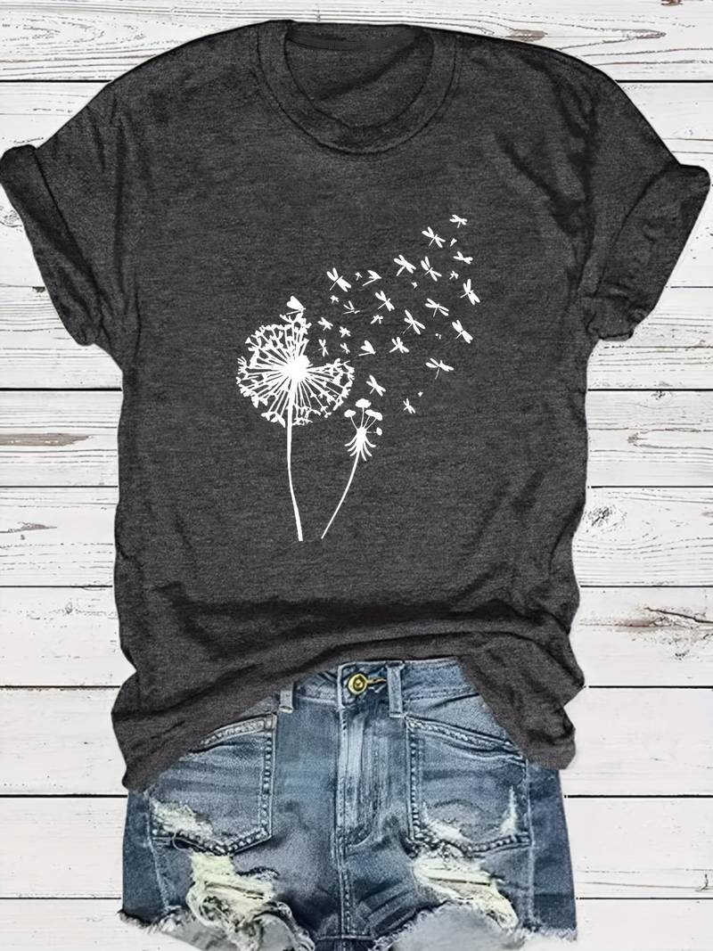 Eveloria Damen T-Shirt Löwenzahn-Print Rundhals Weiss