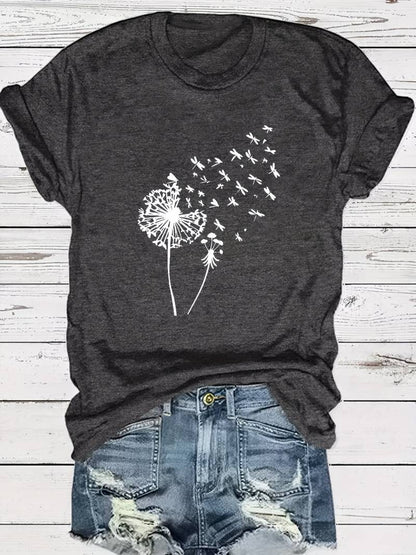 Eveloria Damen T-Shirt Löwenzahn-Print Rundhals Weiss