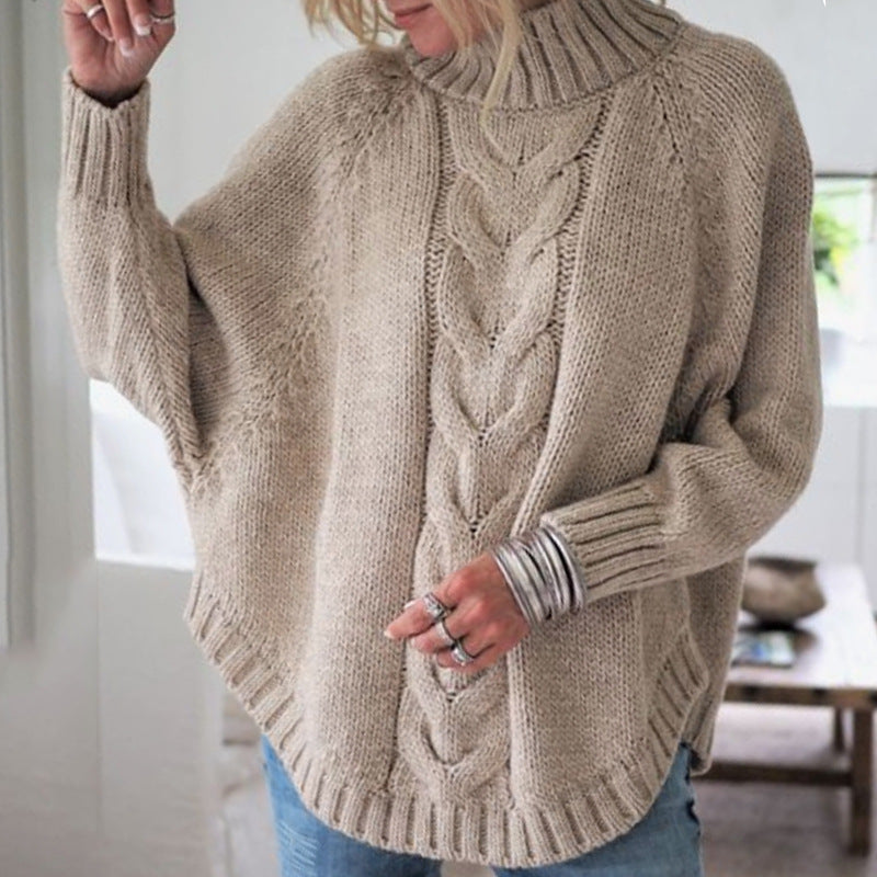 Damen Grobstrickpullover Tiefrollkragen Zopfmuster Beige