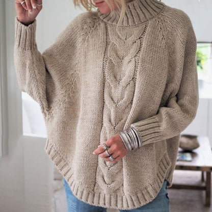 Damen Grobstrickpullover Tiefrollkragen Zopfmuster Beige