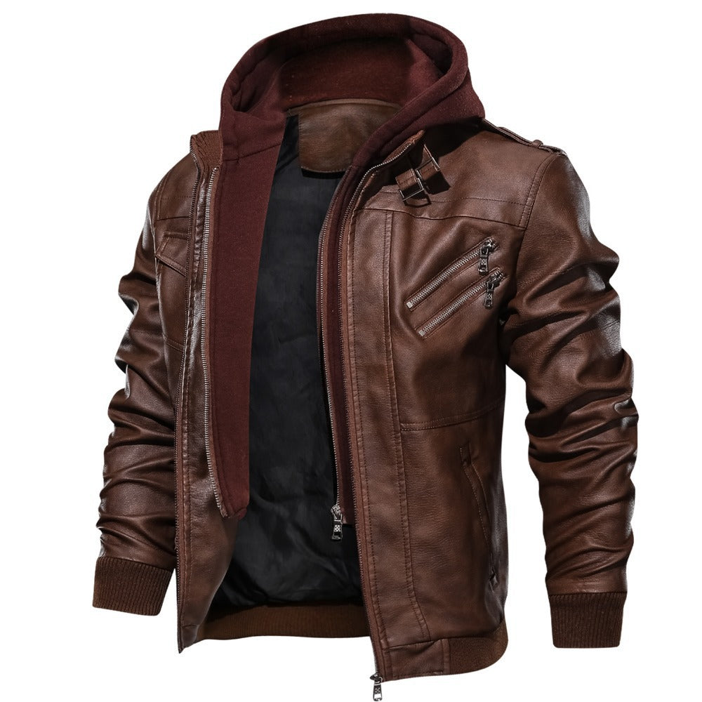 Herren Lederjacke Synthetisch Abnehmbare Kapuze