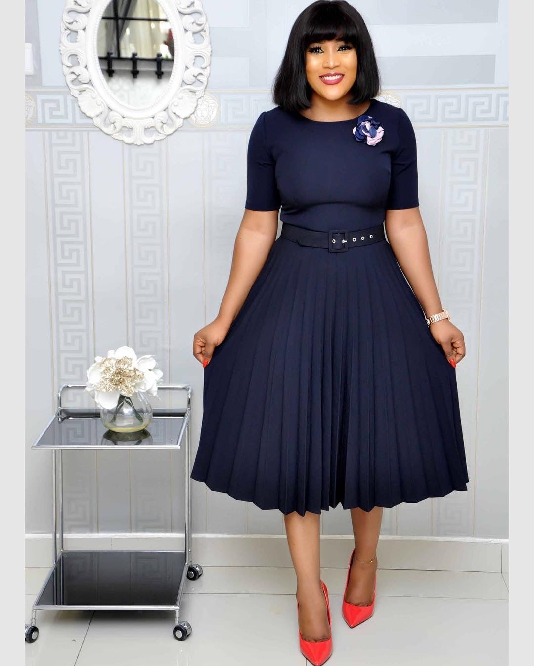 Damen Plissiertes Kleid Taillengürtel Elegantes Design