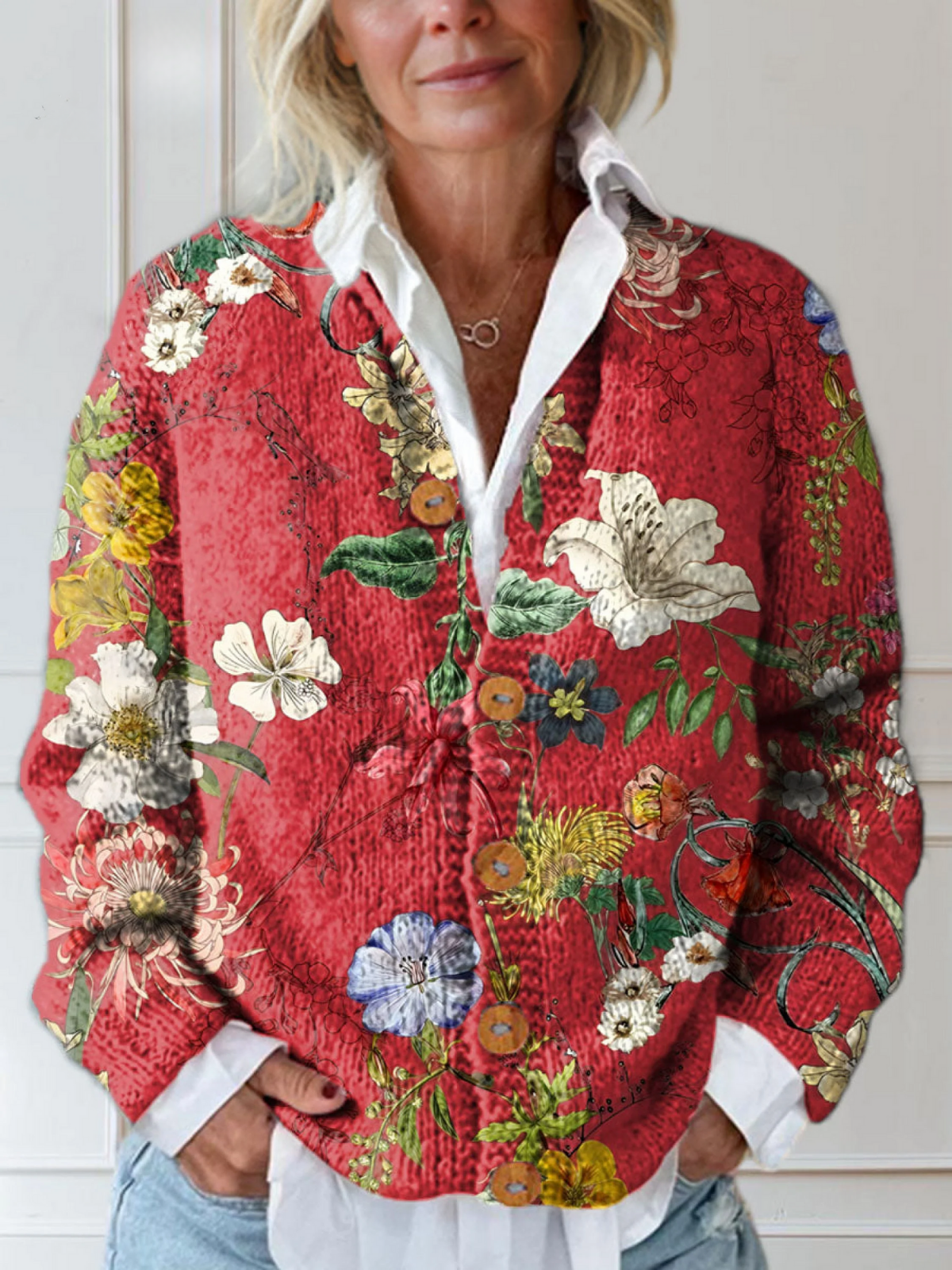 Damen Vintage Cardigan Weicher Strick Floral Muster Beige - Eveloria