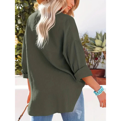 Damen Bluse Unifarbe Knopfleiste Hemdkragen Elegante Langarmbluse