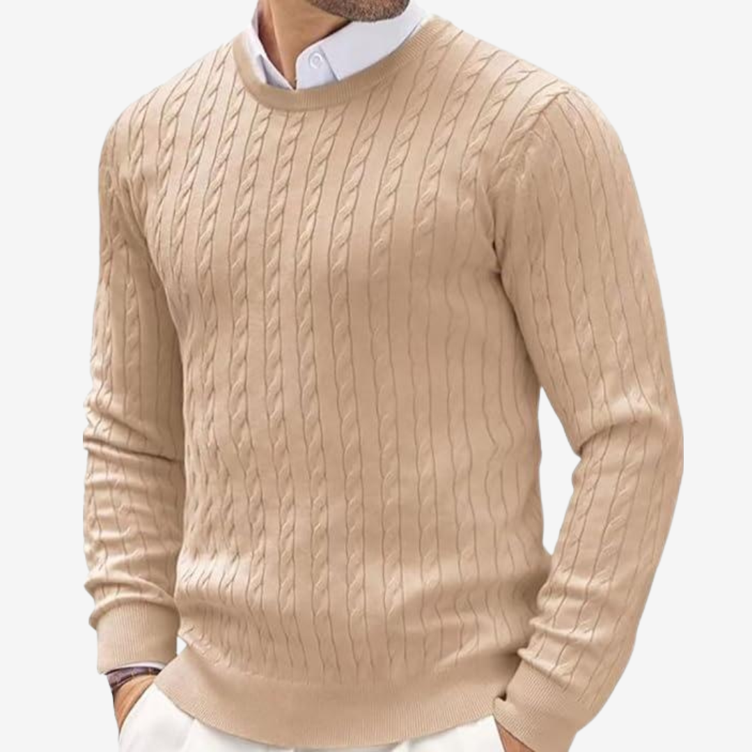 Herren Strickpullover Rundhals Zopfmuster Beige