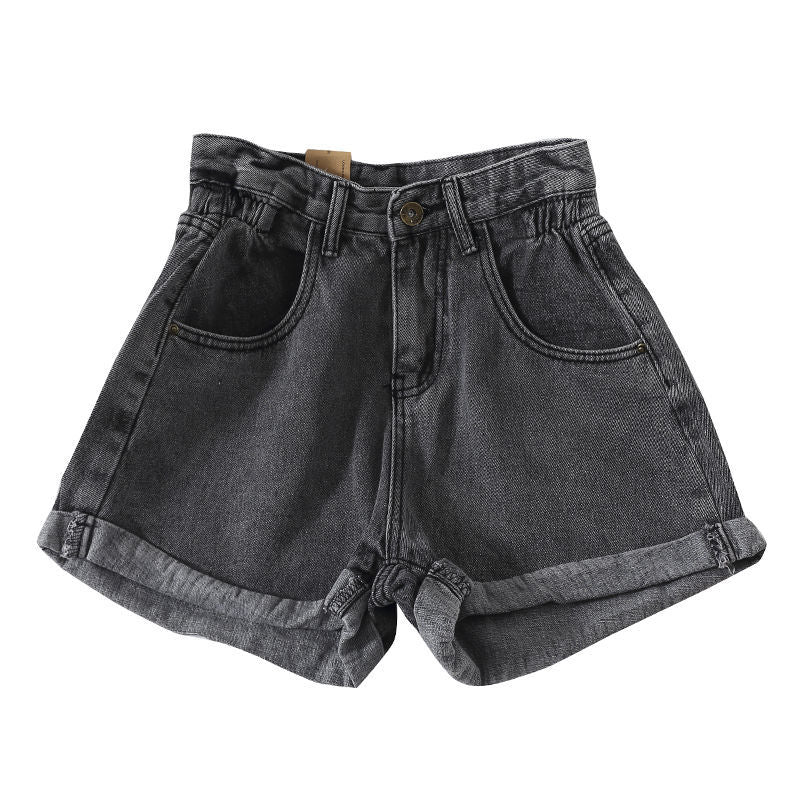 Damen High-Waist Denim-Shorts Elastisch Umschlagbarer Saum Blau