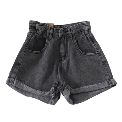 Damen High-Waist Denim-Shorts Elastisch Umschlagbarer Saum Blau