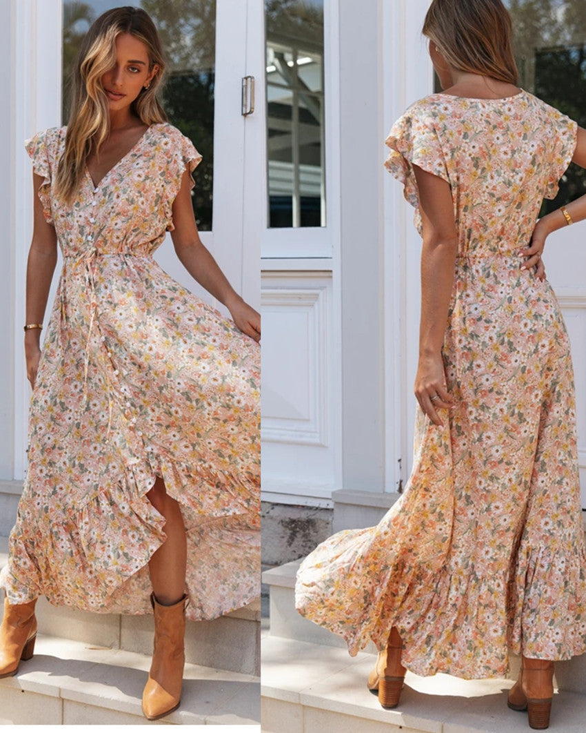 Damen Maxi-Kleid Voluminöse Rüschen Florales Design Eveloria - Eveloria