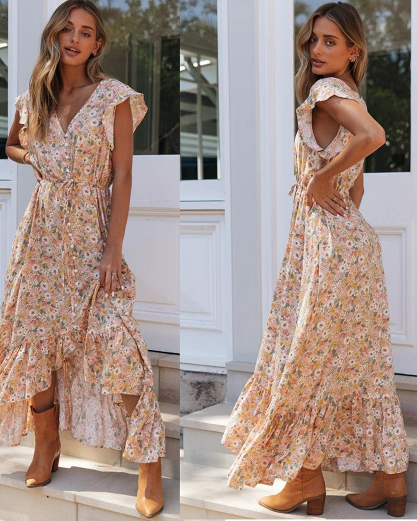 Damen Maxi-Kleid Voluminöse Rüschen Florales Design Eveloria