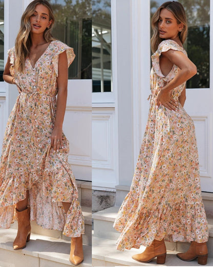 Damen Maxi-Kleid Voluminöse Rüschen Florales Design Eveloria