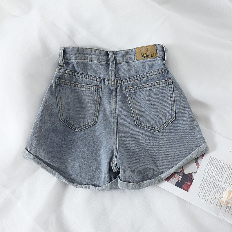 Damen High-Waist Denim-Shorts Elastisch Umschlagbarer Saum Blau