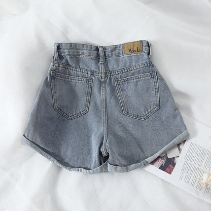Damen High-Waist Denim-Shorts Elastisch Umschlagbarer Saum Blau