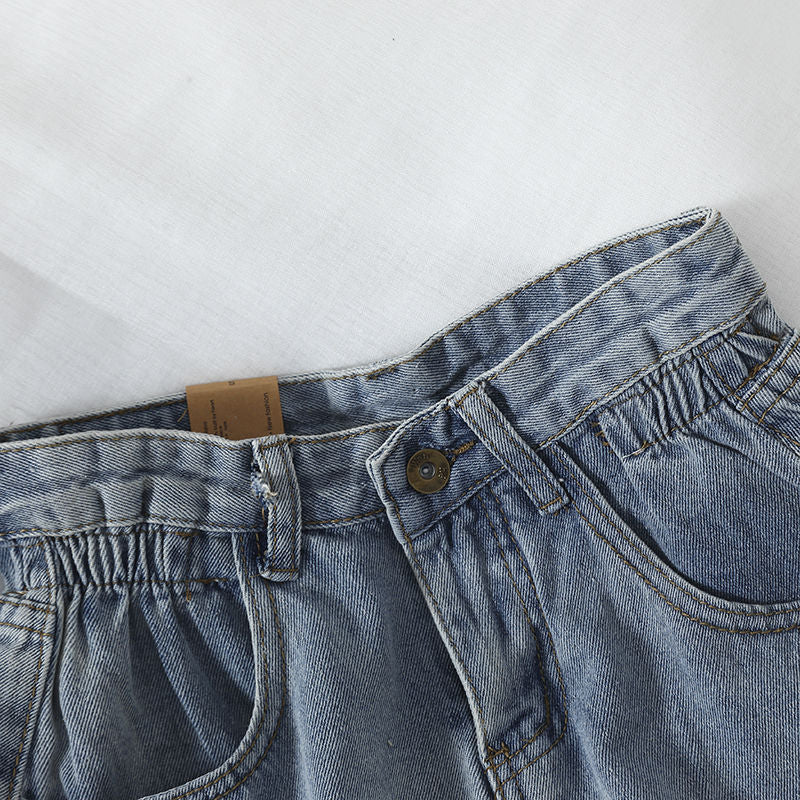 Damen High-Waist Denim-Shorts Elastisch Umschlagbarer Saum Blau