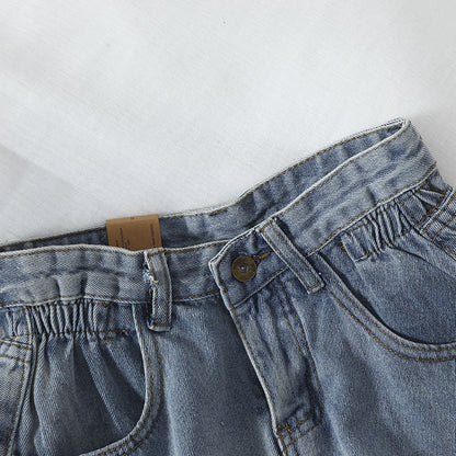 Damen High-Waist Denim-Shorts Elastisch Umschlagbarer Saum Blau