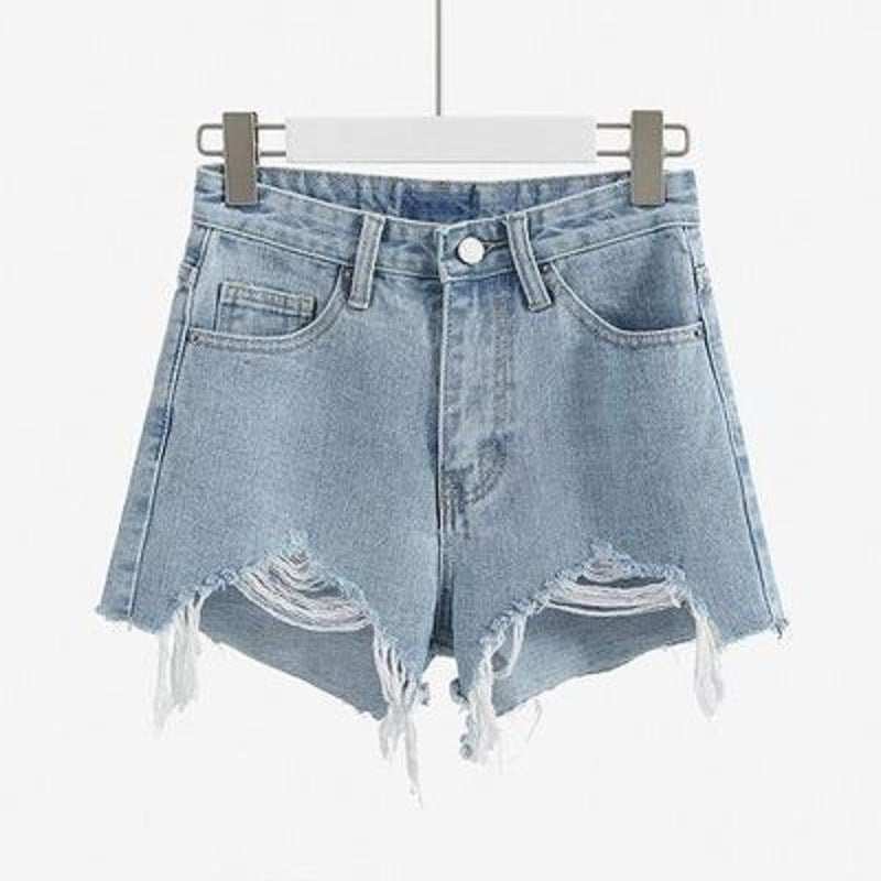 Damen Highwaist Destroyed Denim Shorts mit Fransensaum