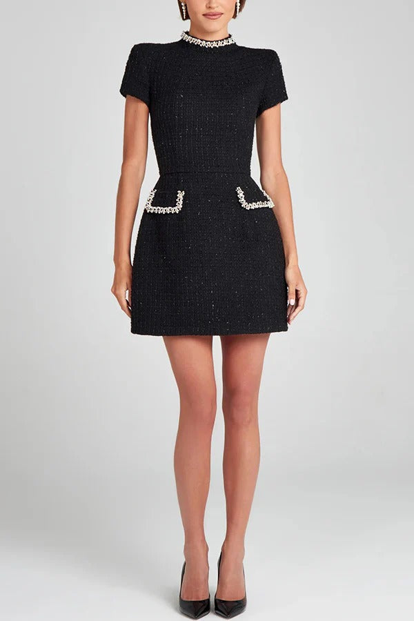 Eveloria Damen Mini Kleid Tweed Kurzarm Perlenbesatz
