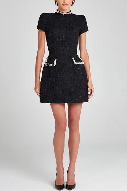 Eveloria Damen Mini Kleid Tweed Kurzarm Perlenbesatz