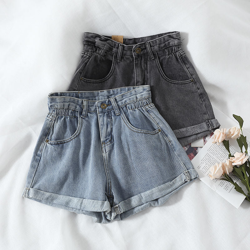 Damen High-Waist Denim-Shorts Elastisch Umschlagbarer Saum Blau - Eveloria