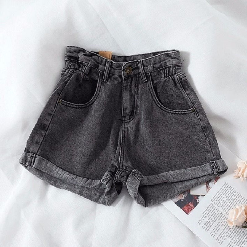 Damen High-Waist Denim-Shorts Elastisch Umschlagbarer Saum Blau