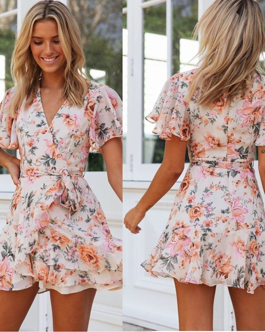 Damen Minikleid Wickelkleid mit Rüschen Blumenmuster Rosa - Eveloria