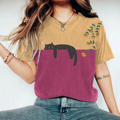 Eveloria Damen T-Shirt Schwarz Katzen-Motiv Baumwolle - Eveloria