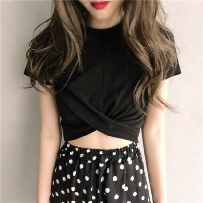 Damen Cropped T-Shirt Raffinierter Knoten Elegant Baumwolle Weiß