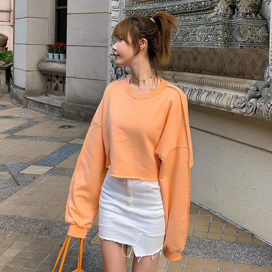 Damen Cropped Sweatshirt Weite Passform Beige - Eveloria