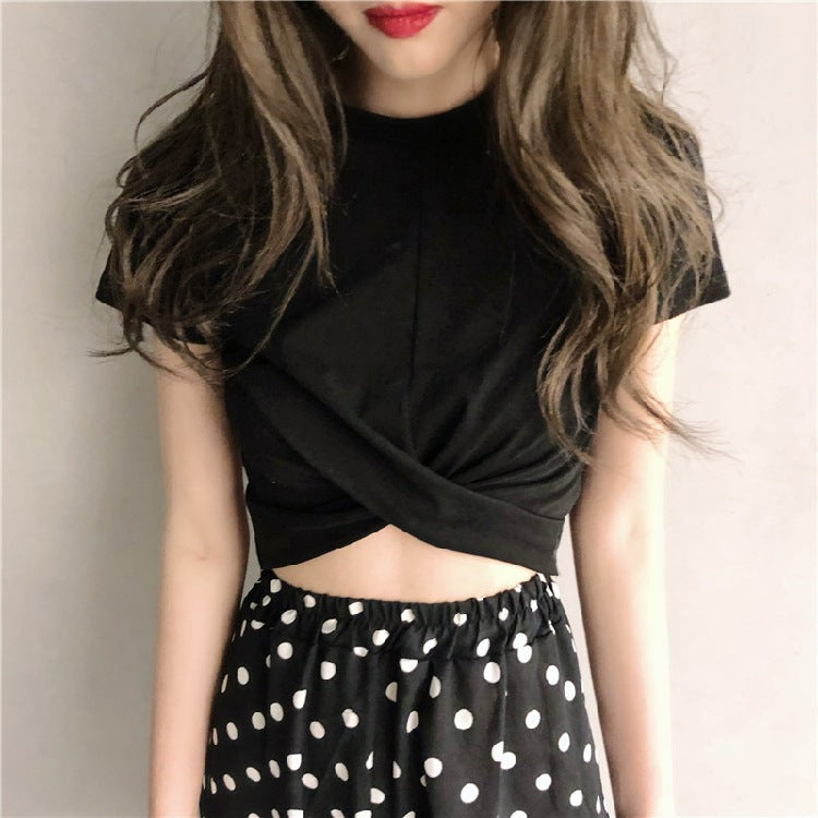 Damen Cropped T-Shirt Raffinierter Knoten Elegant Baumwolle Weiß