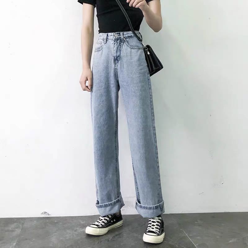 Damen Jeans Weit Hose Hochwerder Klassisch Blau Eveloria