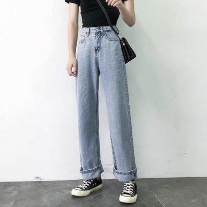 Damen Jeans Weit Hose Hochwerder Klassisch Blau Eveloria