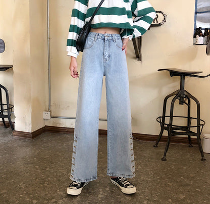 Damen Weite Jeans Dekorative Knöpfe Blau Eveloria