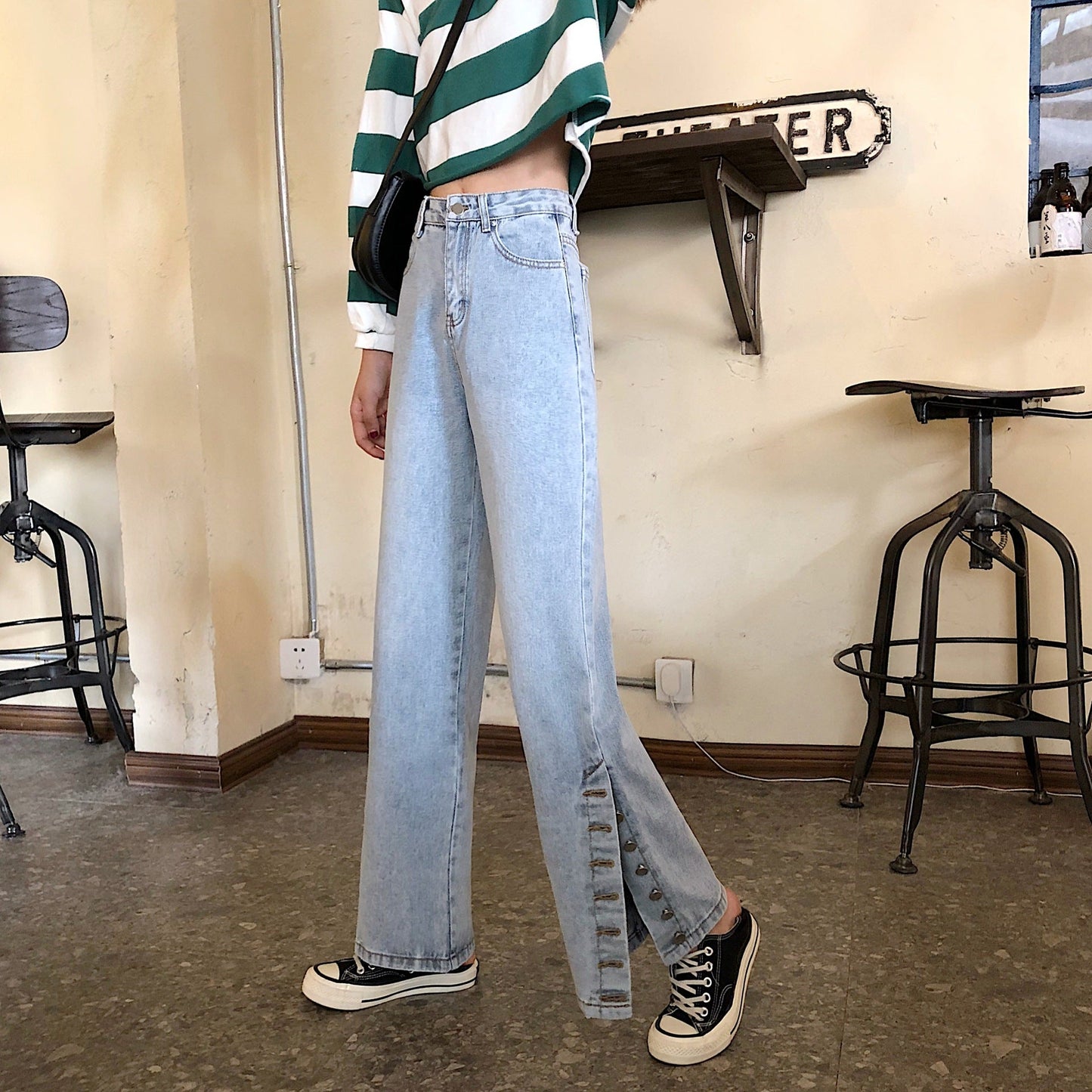 Damen Weite Jeans Dekorative Knöpfe Blau Eveloria