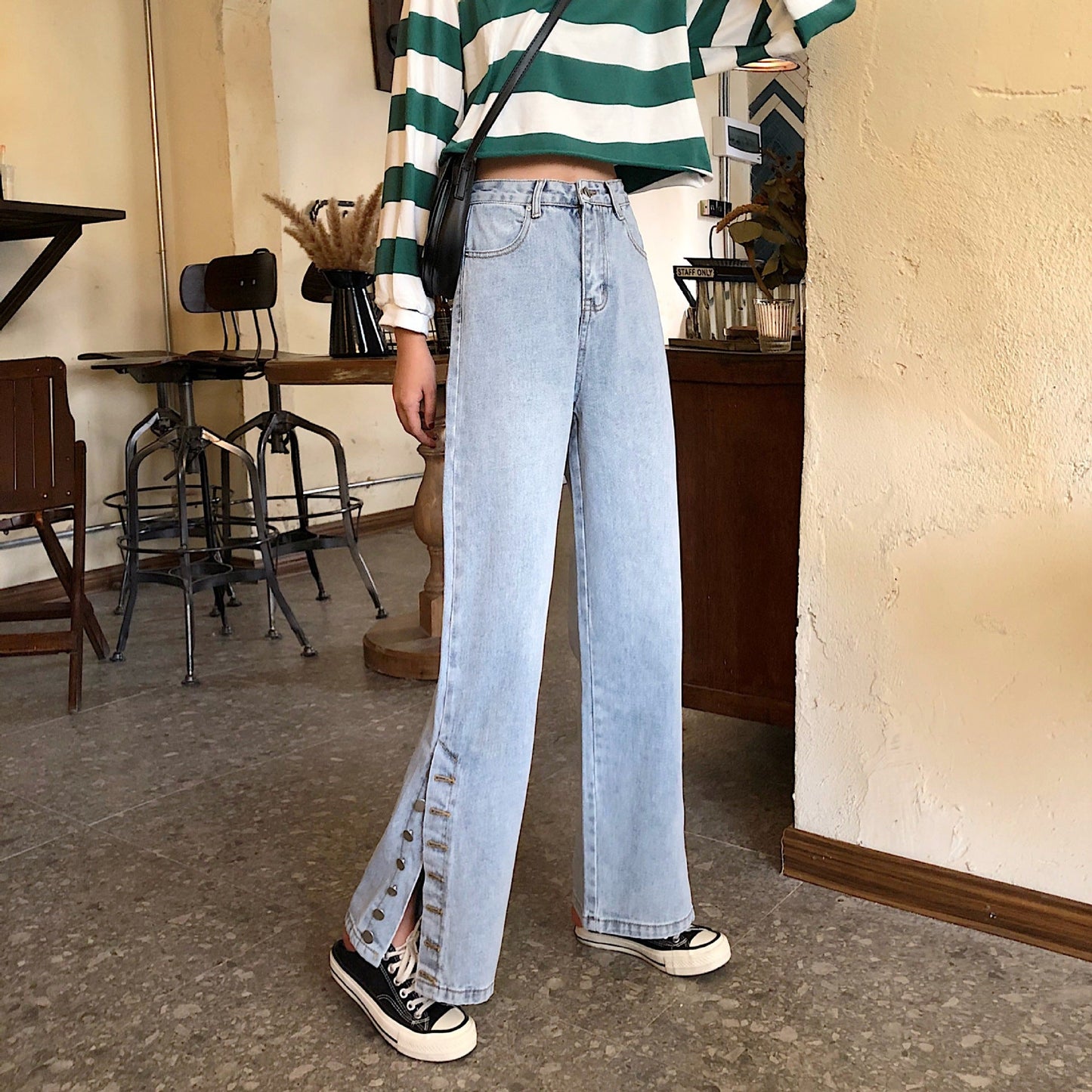 Damen Weite Jeans Dekorative Knöpfe Blau Eveloria