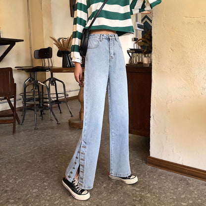 Damen Weite Jeans Dekorative Knöpfe Blau Eveloria
