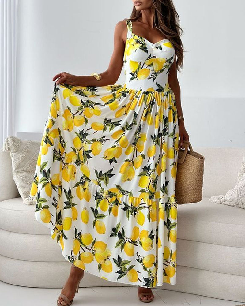 Eveloria Damen Maxikleid Zitronenmuster Breite Träger