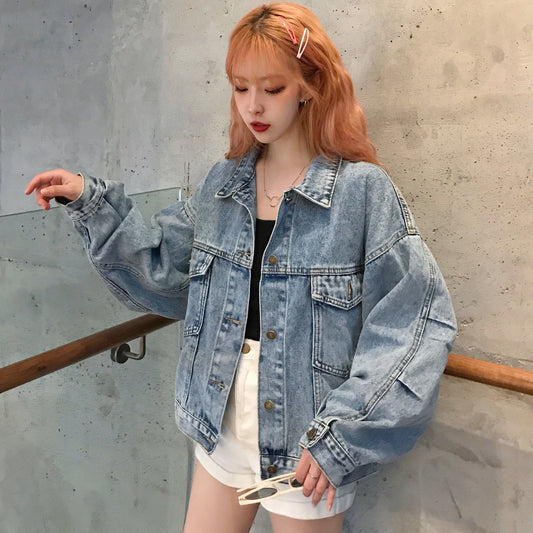 Damen Oversized Denimjacke mit Taschen Blau Eveloria - Eveloria