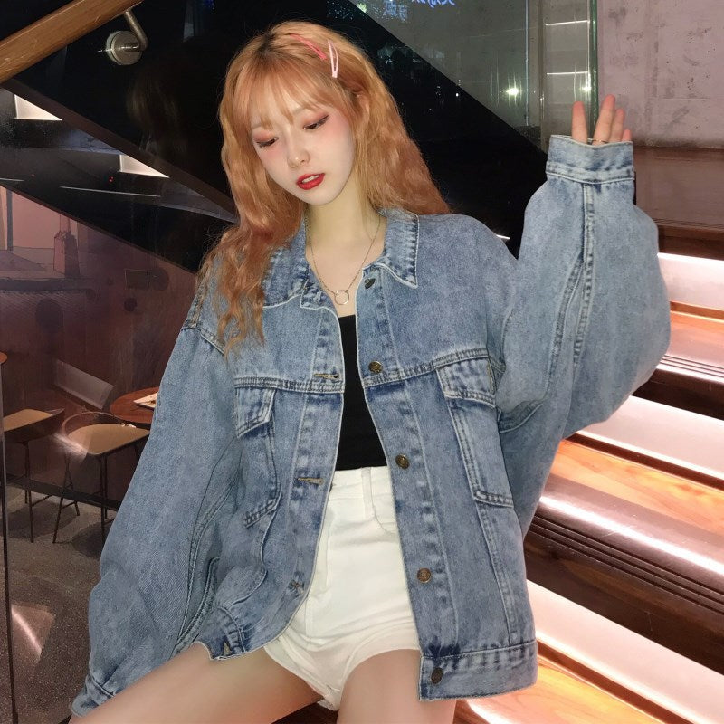 Damen Oversized Denimjacke mit Taschen Blau Eveloria