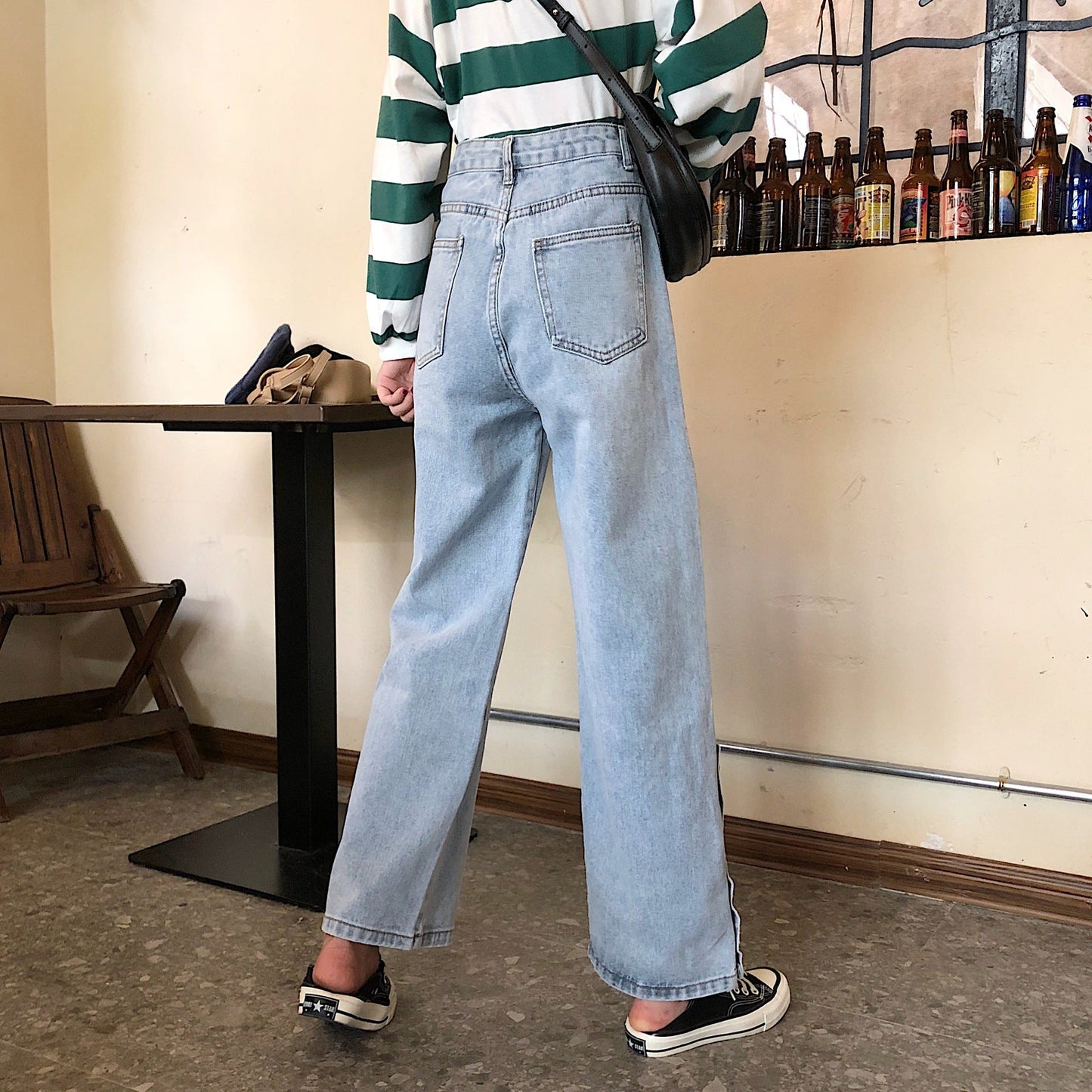 Damen Weite Jeans Dekorative Knöpfe Blau Eveloria
