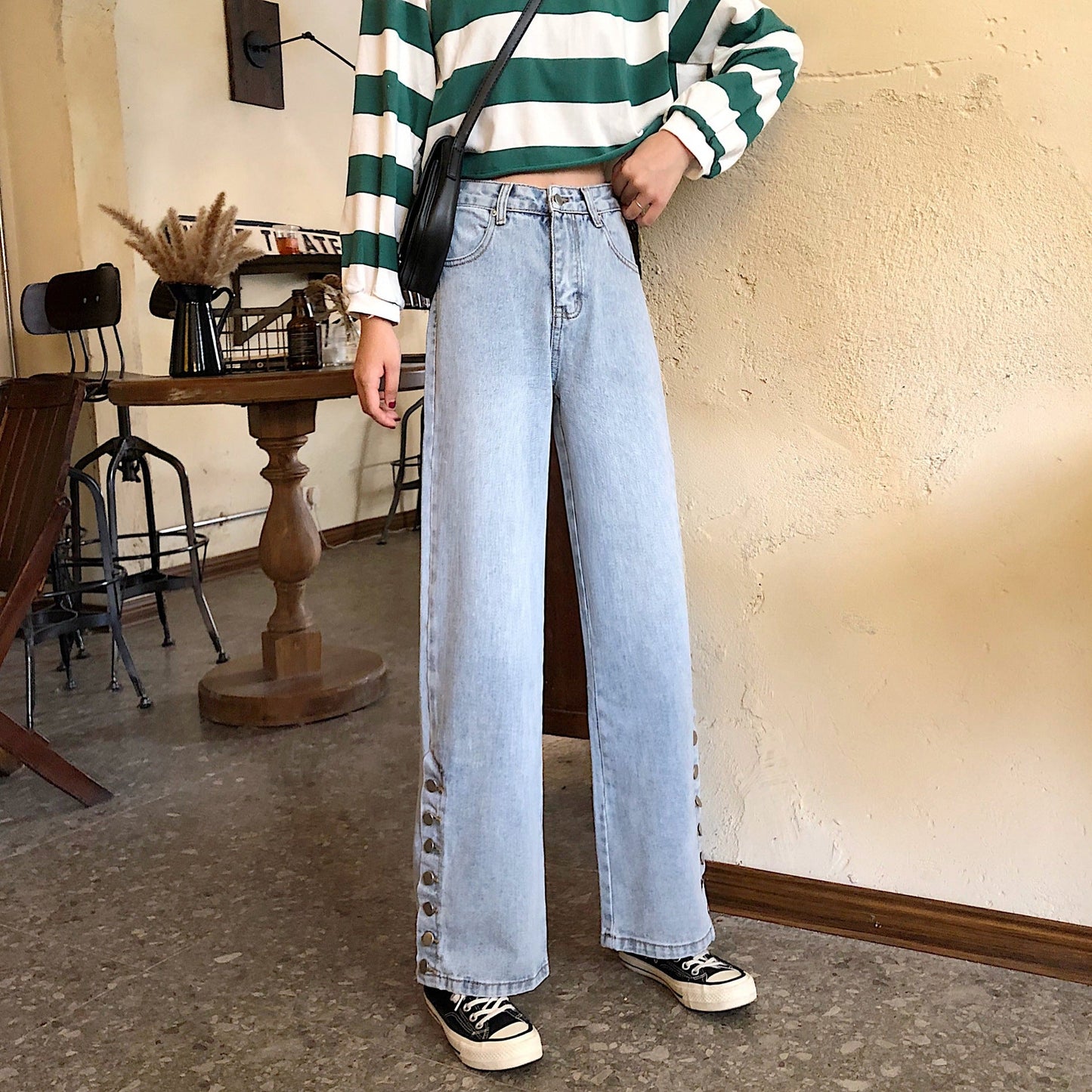 Damen Weite Jeans Dekorative Knöpfe Blau Eveloria