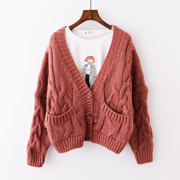 Damen Cardigan Grobstrick V-Ausschnitt mit Taschen Beige
