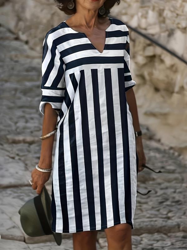 Damen Freizeitkleid Gestreift V-Ausschnitt Halbarm - Eveloria