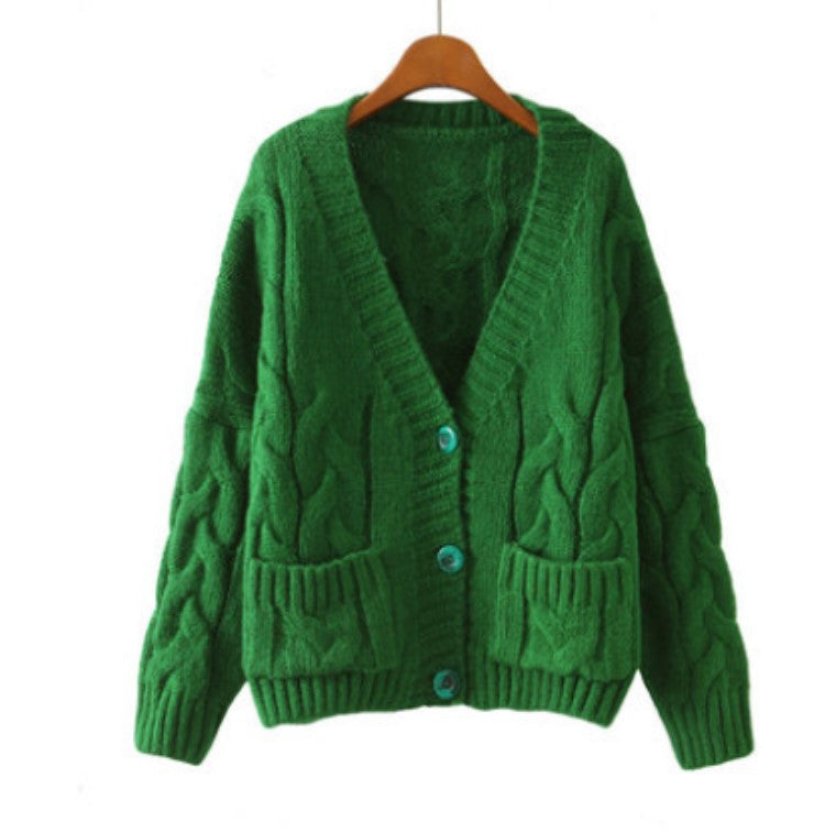 Damen Cardigan Grobstrick V-Ausschnitt mit Taschen Beige