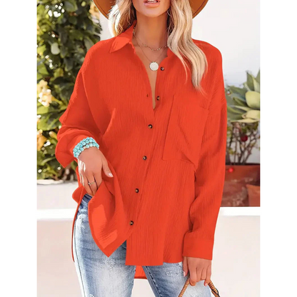 Damen Bluse Unifarbe Knopfleiste Hemdkragen Elegante Langarmbluse